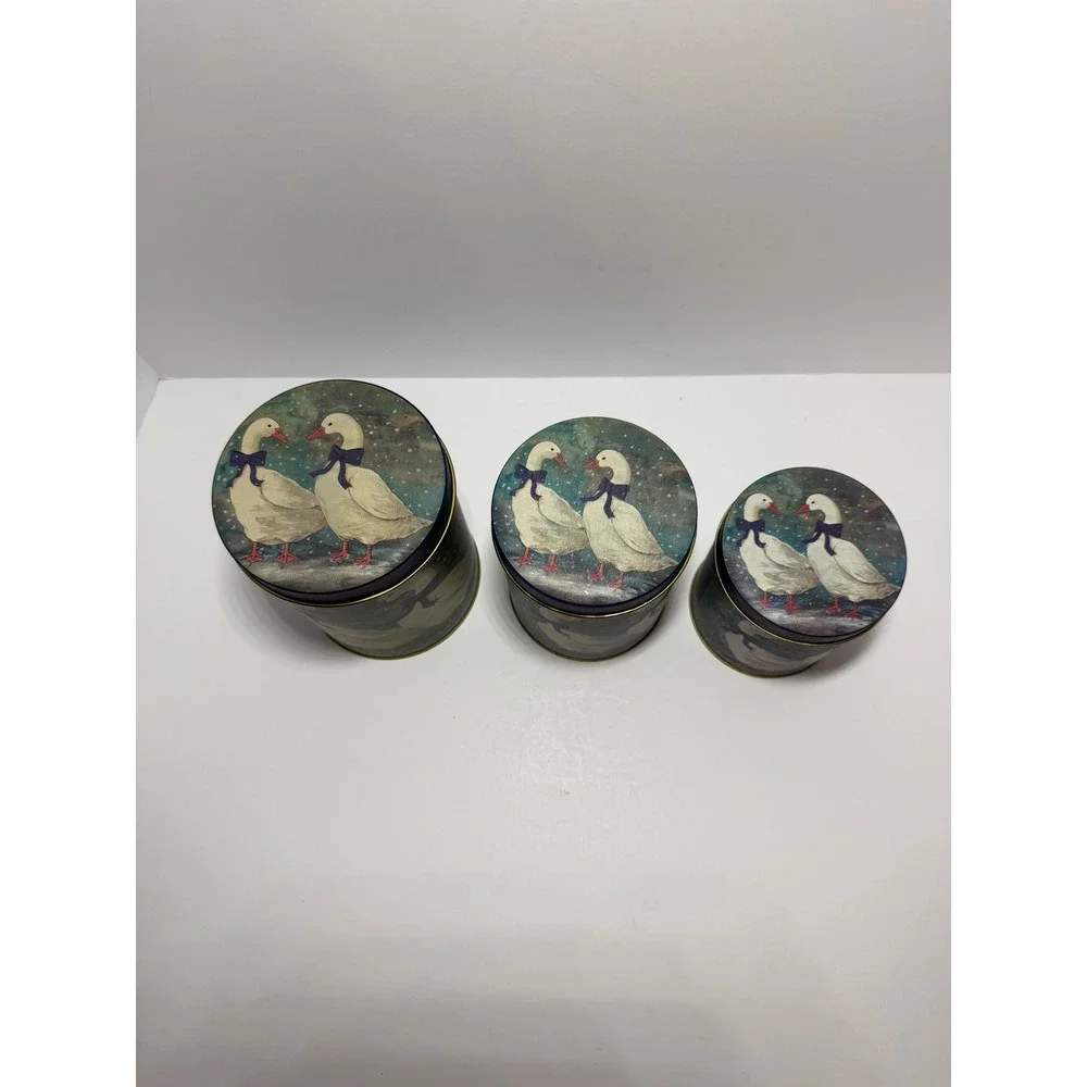 Vintage Snow Geese Nesting Tin Canisters Set of 3 Blue Ribbon Cottagecore Decor